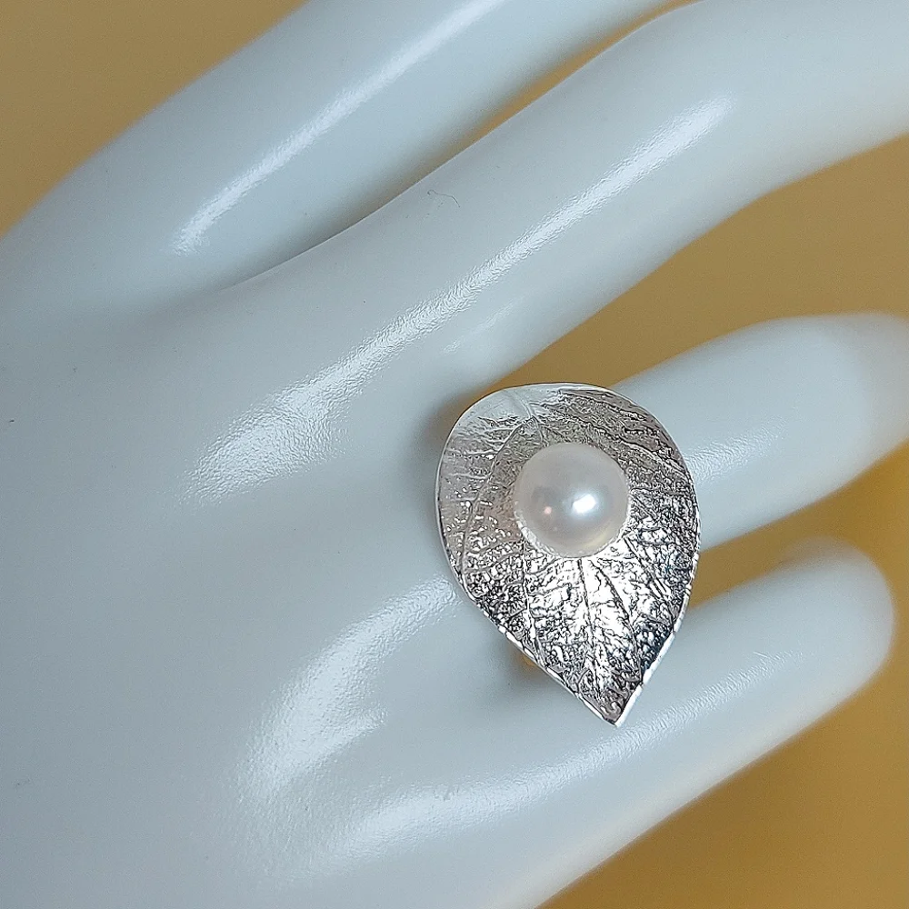 Natural Creamy White Pearl 7mm 925 Sterling Silver Leaf Ring‎ Sz 7 - Picture 4 of 8